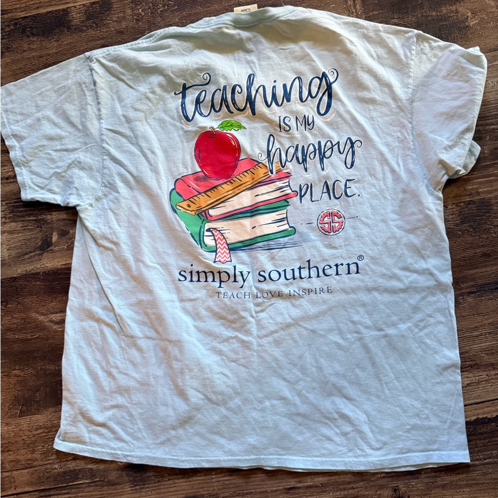 Simply Southern White Teaching T-Shirt with Books and Apple